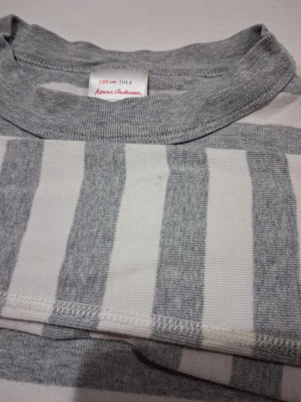 Hanna Andersson Yourh Gray & White Striped Long-Sleeve Pajama Top 130cm